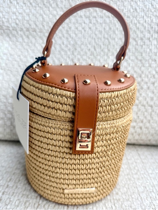 Rachel Zoe Handbags - Rachel Zoe Woven Straw Cylinder Vanity Bucket Bag Crossbody Top Handle Studded